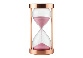 Isolated hourglass with pink sand inside, in vintage design, time measuring device concept