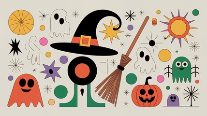 抽象的なハロウィンパターン（ゴースト・魔女の帽子・ほうき・かぼちゃ）