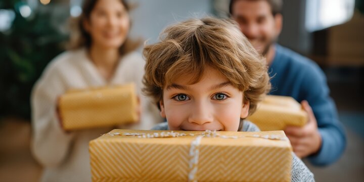 Young caucasian boy holding gift with smiling parents in background - Powered by Adobe