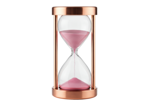 Isolated hourglass with pink sand inside, in vintage design, time measuring device concept
