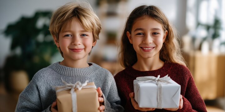 Caucasian young boy and girl joyfully holding gift boxes indoors