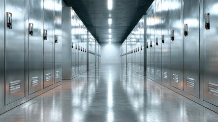 A sleek and modern locker room featuring metallic lockers in a well-lit corridor, creating a clean and functional space that emphasizes organization and style.