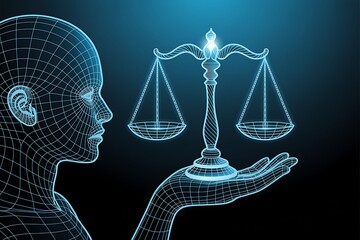Abstract illustration of a wireframe person holding a balance scale representing justice and the concept of fairness