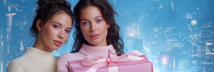 Young caucasian females holding gift box against cityscape background