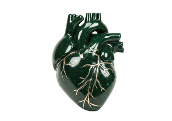 Isolated anatomical heart sculpture, dark green artificial jade with golden veins detail © Johnson