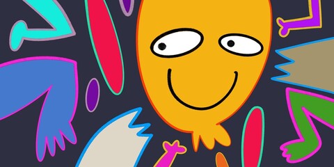 Cute and Funny cartoon colorful doodle and abstract animal, people, flower, and plant for kids and party