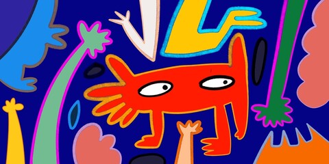 Cute and Funny cartoon colorful doodle and abstract animal, people, flower, and plant for kids and party