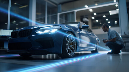 A mechanic tests a car’s alignment in a garage with lasers guiding tires spinning a digital screen showing angles and tools neatly hung shown in a precise photo with laser lin