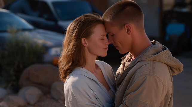 A couple their faces pressed close embraces in a driveway their hug soft and swaying. A duffel bag its canvas worn rests on the gravel its stones loose. A car’s hood its met