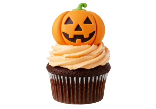 Isolated Halloween cupcake topped with orange frosting and jack o lantern decoration