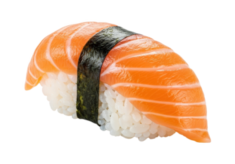 Fresh salmon sushi piece on a white background, showcasing culinary art for food photography
