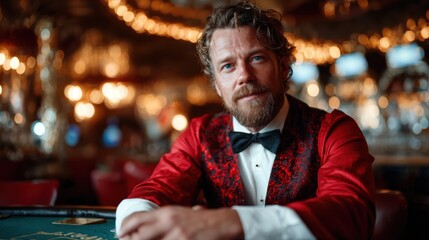 A confident male casino host dressed in a red and black formal outfit, ready to engage with guests and create a welcoming atmosphere at a glamorous casino.