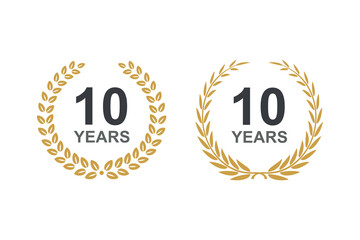 10th anniversary laurel wreath. 10 years anniversary floral laurel wreath. Anniversary icon or logo with laurel wreath. 10 years celebration label vector illustration.