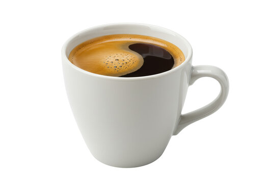 Isolated shot of steaming hot strong black coffee drink in mug with visible crema foam