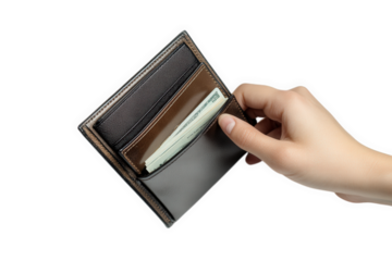 Hand holding a wallet with money inside isolated on transparent background the wallet is brown and black, and the hand is fairskinned, showcasing the wallets contents