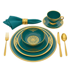 Elegant Gold and Teal Dinnerware Setting 3d rendered, isolated on transparent background
