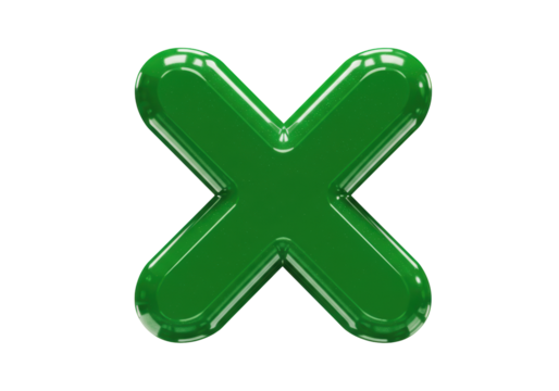 Isolated glossy green cross shape, symbol of refusal, cancellation, error or false