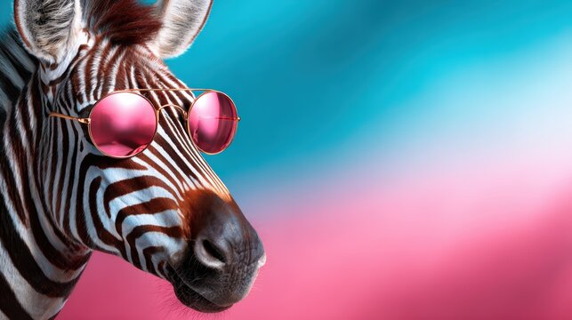 A fun and playful zebra dons pink sunglasses against a vibrant background, illustrating a lighthearted and whimsical take on wildlife photography.