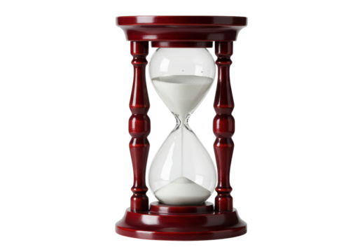 Isolated hourglass sand timer with ornate wood trim, measuring passage of time or deadlines