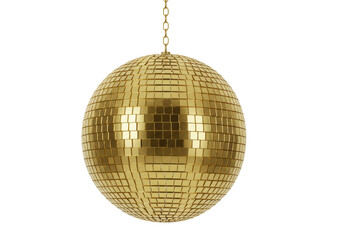 Isolated hanging golden mirrored disco ball or party sphere for dance club entertainment