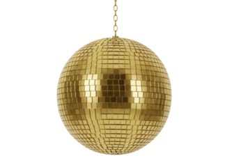 Isolated hanging golden mirrored disco ball or party sphere for dance club entertainment