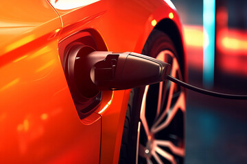 Close up of a modern electric car connected to a charger. Generative ai