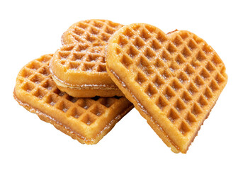Isolated golden heart-shaped waffles with powdered sugar for delicious breakfast treat