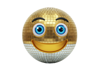 Isolated disco ball smiley face cartoon rendering with a bright golden mosaic pattern design