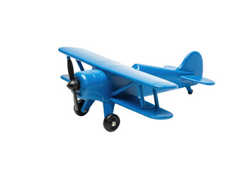 Isolated old-fashioned blue toy biplane aircraft  retro model airplane with propeller and wheels © Johnson