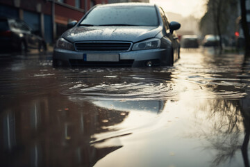 Car submerged in flood water. Car insurance concept. Generative ai