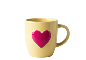Isolated yellow mug with pink heart for Valentines day gift or coffee beverage promotion
