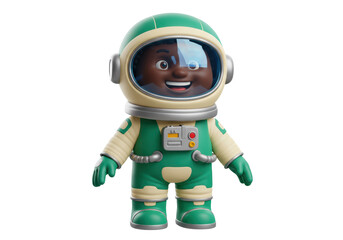 Isolated cartoon astronaut character with helmet, friendly smile, and green suit design