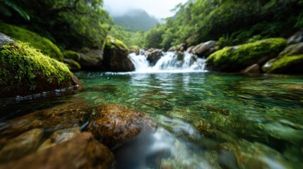 Fototapeta premium A tranquil scene displaying a crystal-clear natural pool and waterfall, surrounded by lush greenery, representing peace and the beauty of nature.