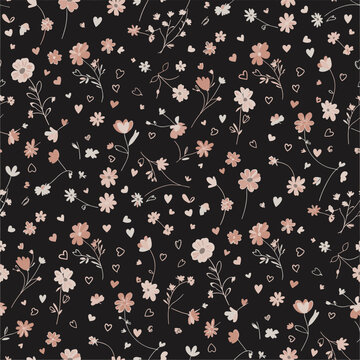 A delicate and whimsical pattern of tiny blush pink wildflowers scattered across a deep black background.