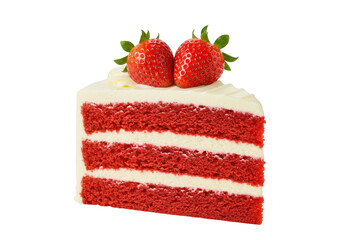 Isolated slice of red velvet cake with cream cheese frosting and strawberries dessert