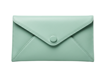 Isolated light-green envelope wallet with button is seen from directly above, studio shot