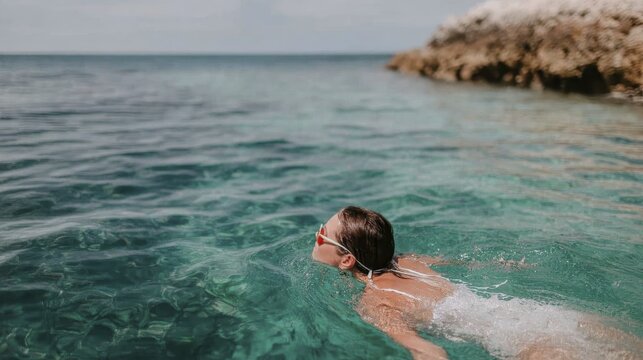 Woman swimming in clear turquoise sea near rocky coastline - Powered by Adobe