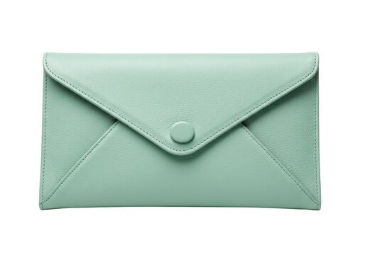 Isolated light-green envelope wallet with button is seen from directly above, studio shot