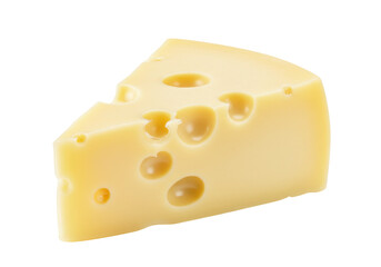 Isolated Swiss cheese wedge, yellow dairy block with numerous holes, Maasdam cheese ingredient