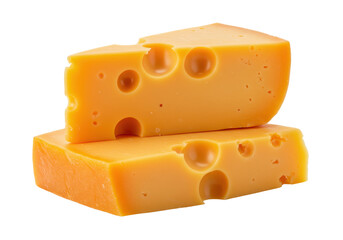 Isolated Swiss cheese blocks stacked for display, delicious aged dairy product with air pockets