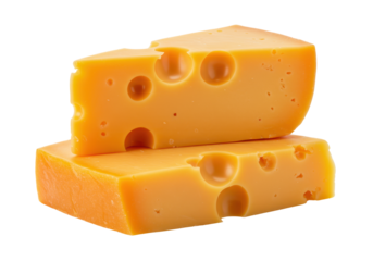 Isolated Swiss cheese blocks stacked for display, delicious aged dairy product with air pockets