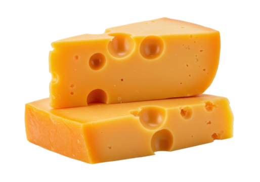 Isolated Swiss cheese blocks stacked for display, delicious aged dairy product with air pockets