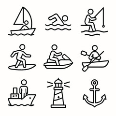Maritime and Water Sports Activities Line Icons