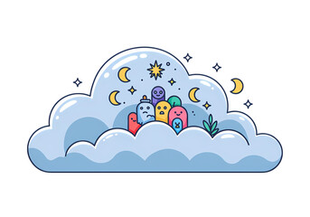Celestial Cloud with Cute Characters isolated on transparent background