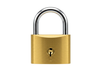 Naklejka premium Isolated gold brass padlock safety, security and protection concept, access control item