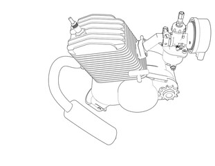 Small 2 Stroke Engine Kit Detailed Drawing: Monochrome Line Art Illustration of a Gasoline Motor's Internal Components. Wireframe for Engineering Blueprints, highlighting Carburetor and Exhaust System