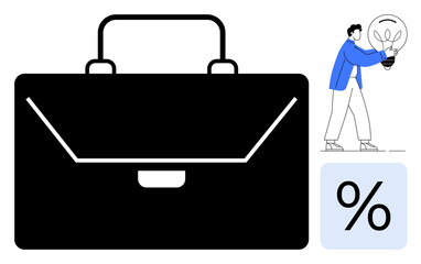 Black briefcase symbolizing business, person holding lightbulb representing innovation, and percentage icon. Ideal for entrepreneurship, strategy, productivity, finance, innovation, progress simple