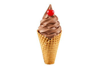 Isolated chocolate swirl ice cream soft serve cone topped with a cherry candy treat