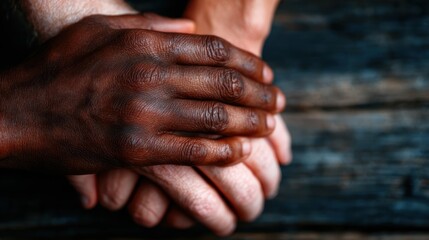 A close-up of diverse hands stacked together on a rustic wooden surface conveys unity and solidarity, emphasizing connection across different backgrounds and shared human experiences.