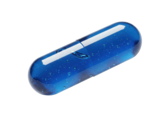 Isolated capsule with blue liquid, medical treatment for viral infections, drug discovery